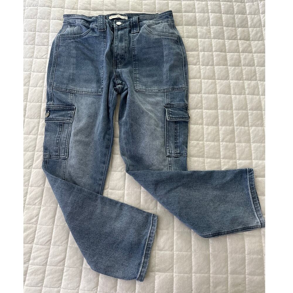 Kan Kan Jeans Womens 7/27 Cargo Straight Leg Mid Rise Medium Wash